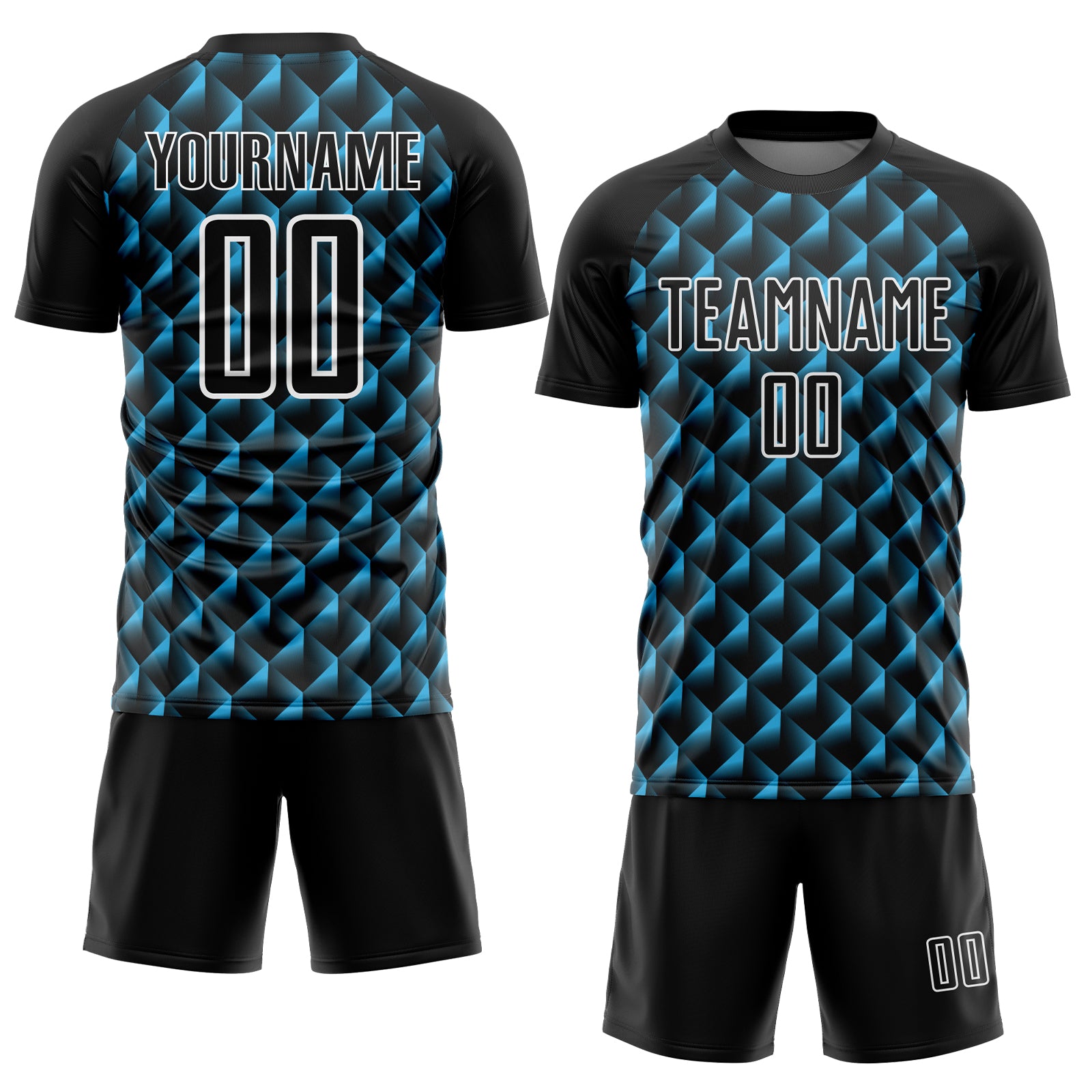 Custom Black Sky Blue-White Geometric Shape Sublimation Soccer Uniform Jersey
