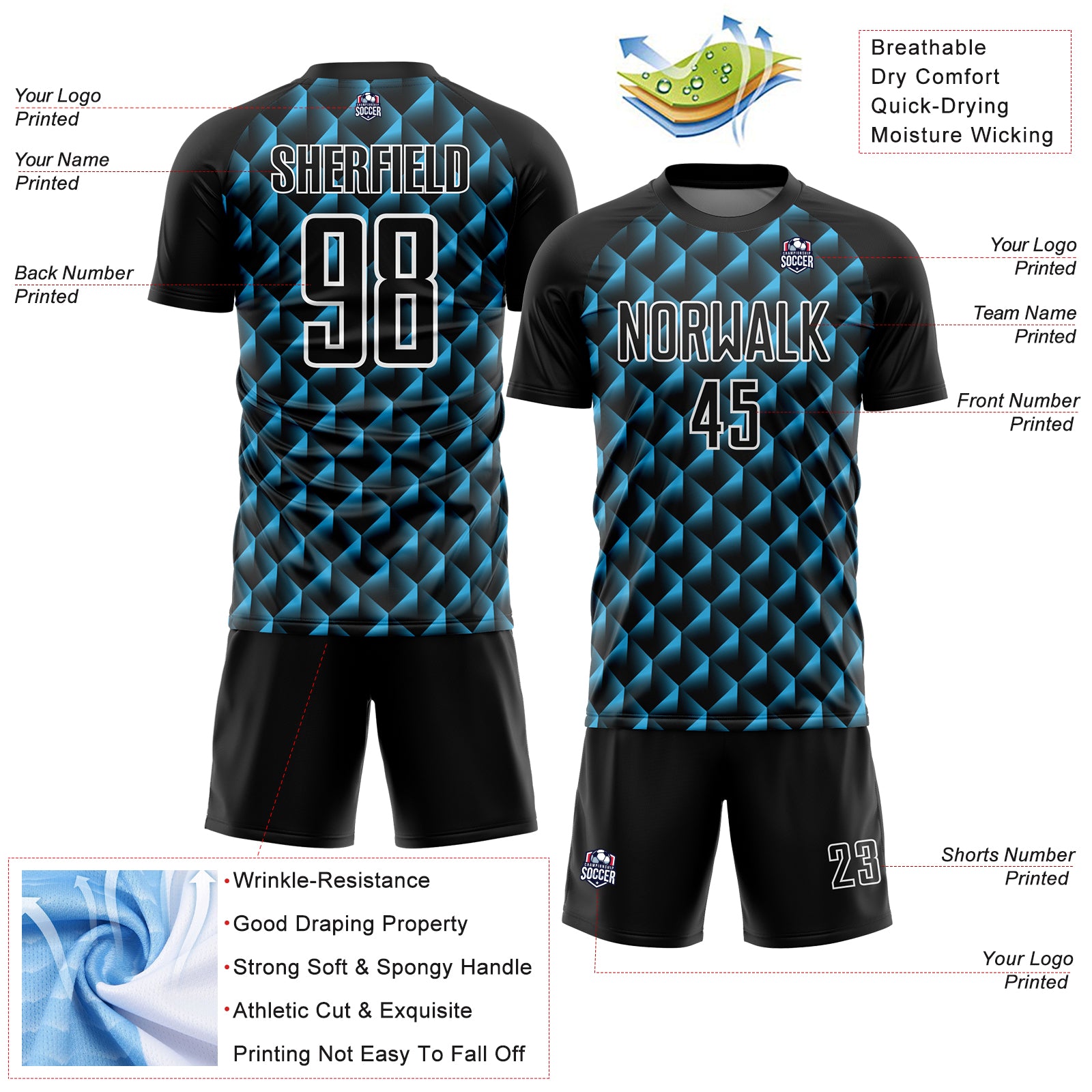 Custom Black Sky Blue-White Geometric Shape Sublimation Soccer Uniform Jersey