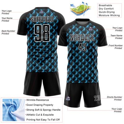 Custom Black Sky Blue-White Geometric Shape Sublimation Soccer Uniform Jersey