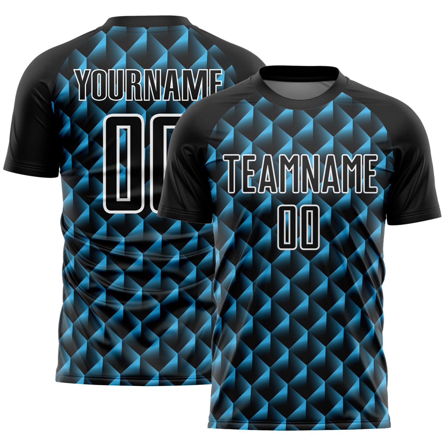 Custom Black Sky Blue-White Geometric Shape Sublimation Soccer Uniform Jersey