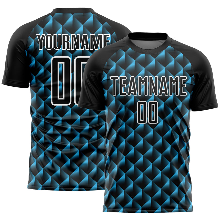 Custom Black Sky Blue-White Geometric Shape Sublimation Soccer Uniform Jersey