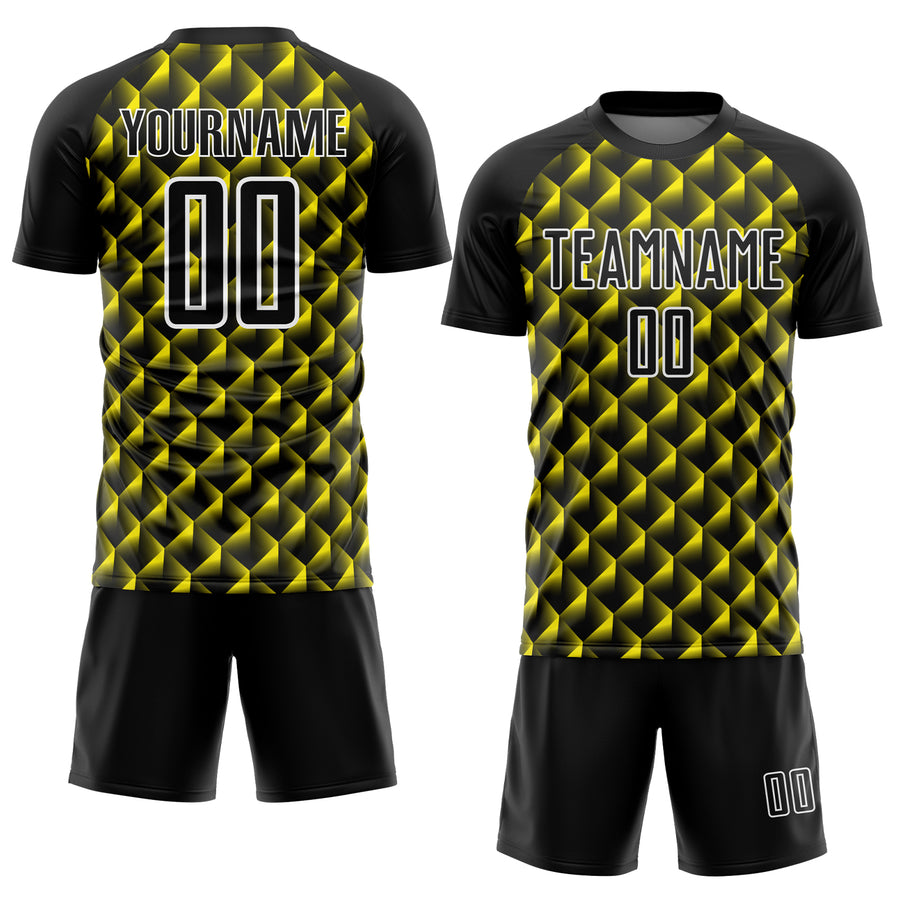 Custom Black Light Yellow-White Geometric Shape Sublimation Soccer Uniform Jersey