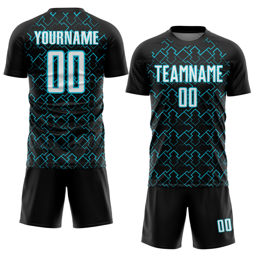 Custom Black White-Lakes Blue Geometric Shape Sublimation Soccer Uniform Jersey