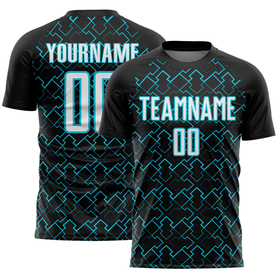Custom Black White-Lakes Blue Geometric Shape Sublimation Soccer Uniform Jersey