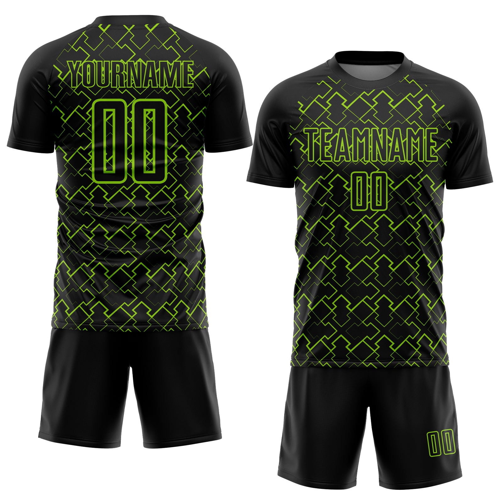 Custom Black Neon Green Geometric Shape Sublimation Soccer Uniform Jersey