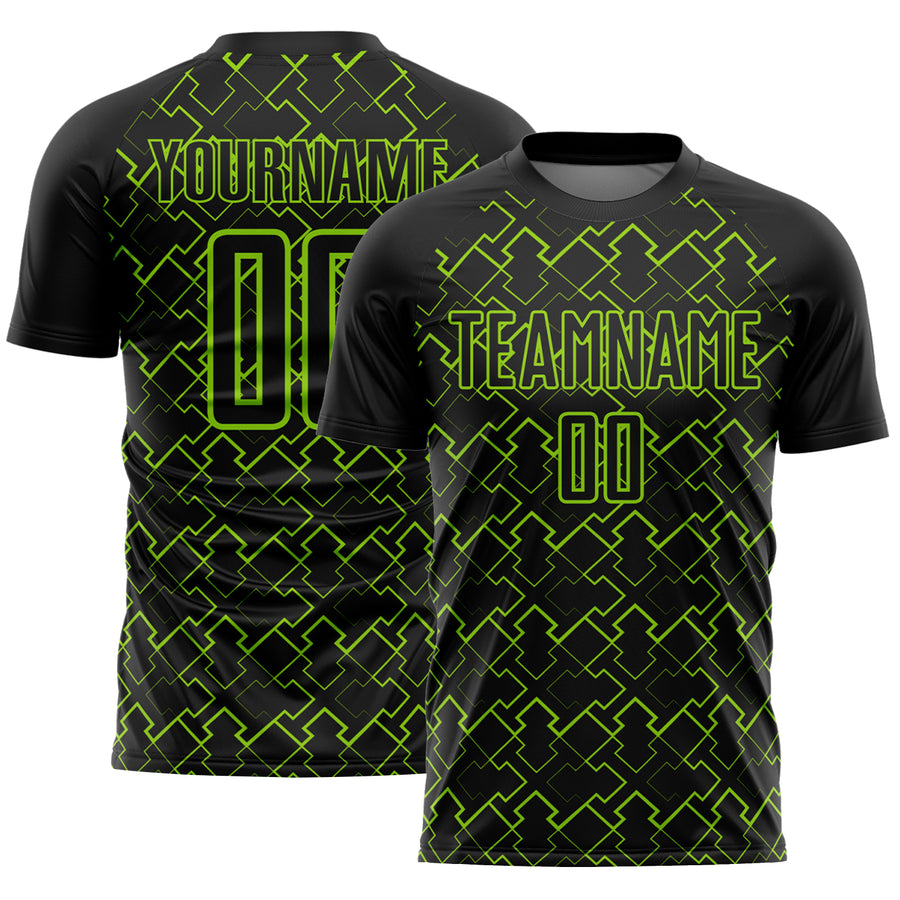 Custom Black Neon Green Geometric Shape Sublimation Soccer Uniform Jersey