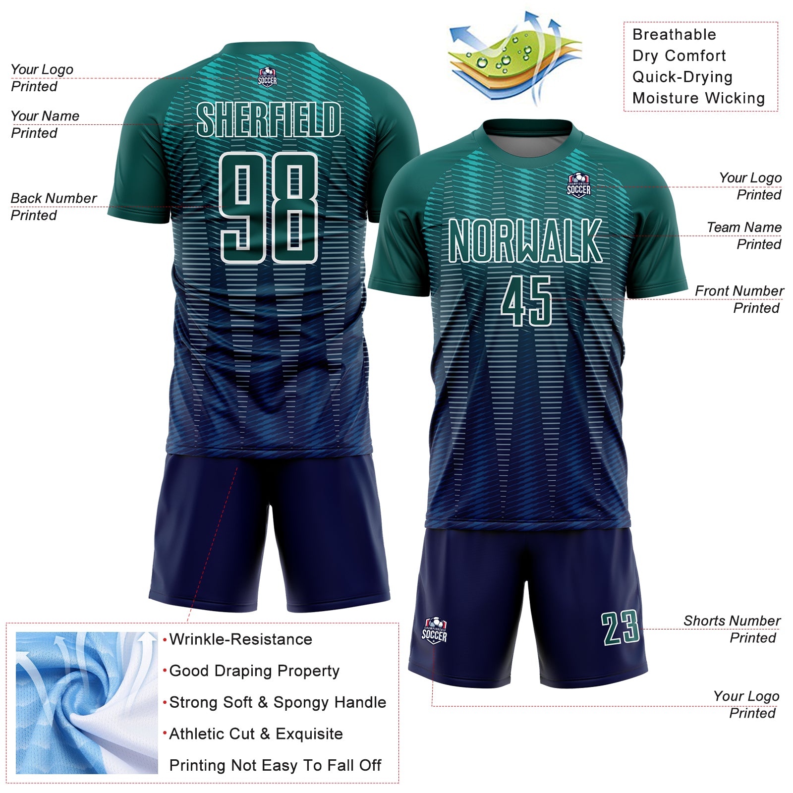 Custom Neon Green Navy-White Gradient Line Sublimation Soccer Uniform Jersey