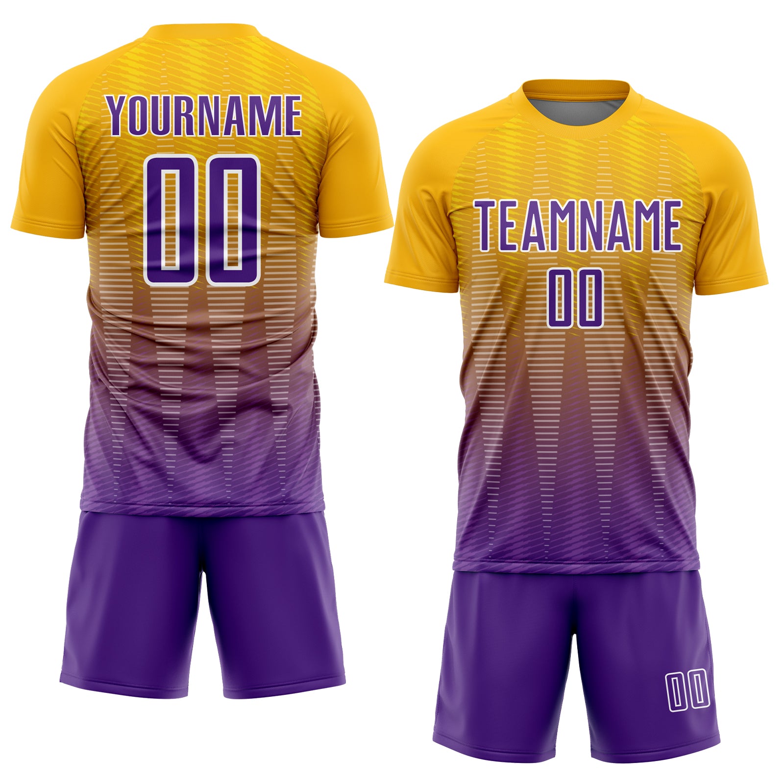 Custom Gold Purple-White Gradient Line Sublimation Soccer Uniform Jersey