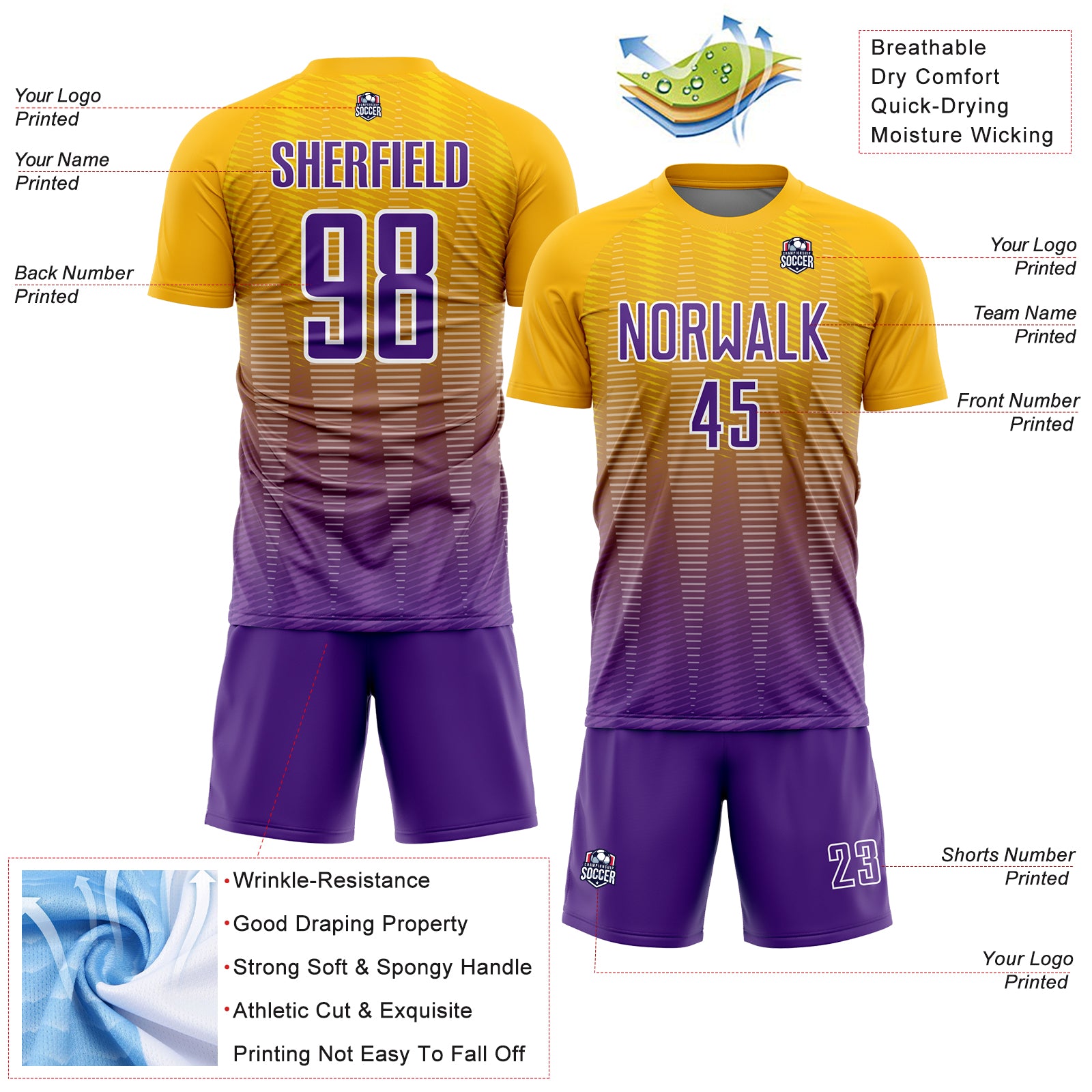 Custom Gold Purple-White Gradient Line Sublimation Soccer Uniform Jersey