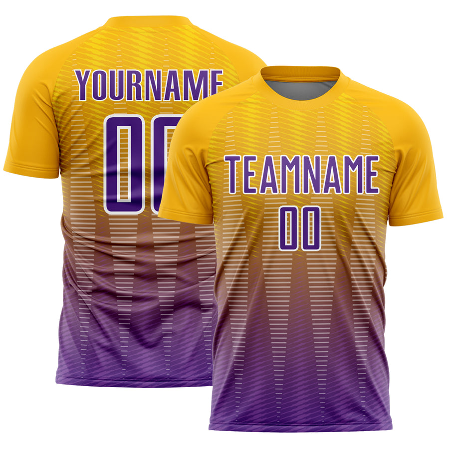 Custom Gold Purple-White Gradient Line Sublimation Soccer Uniform Jersey