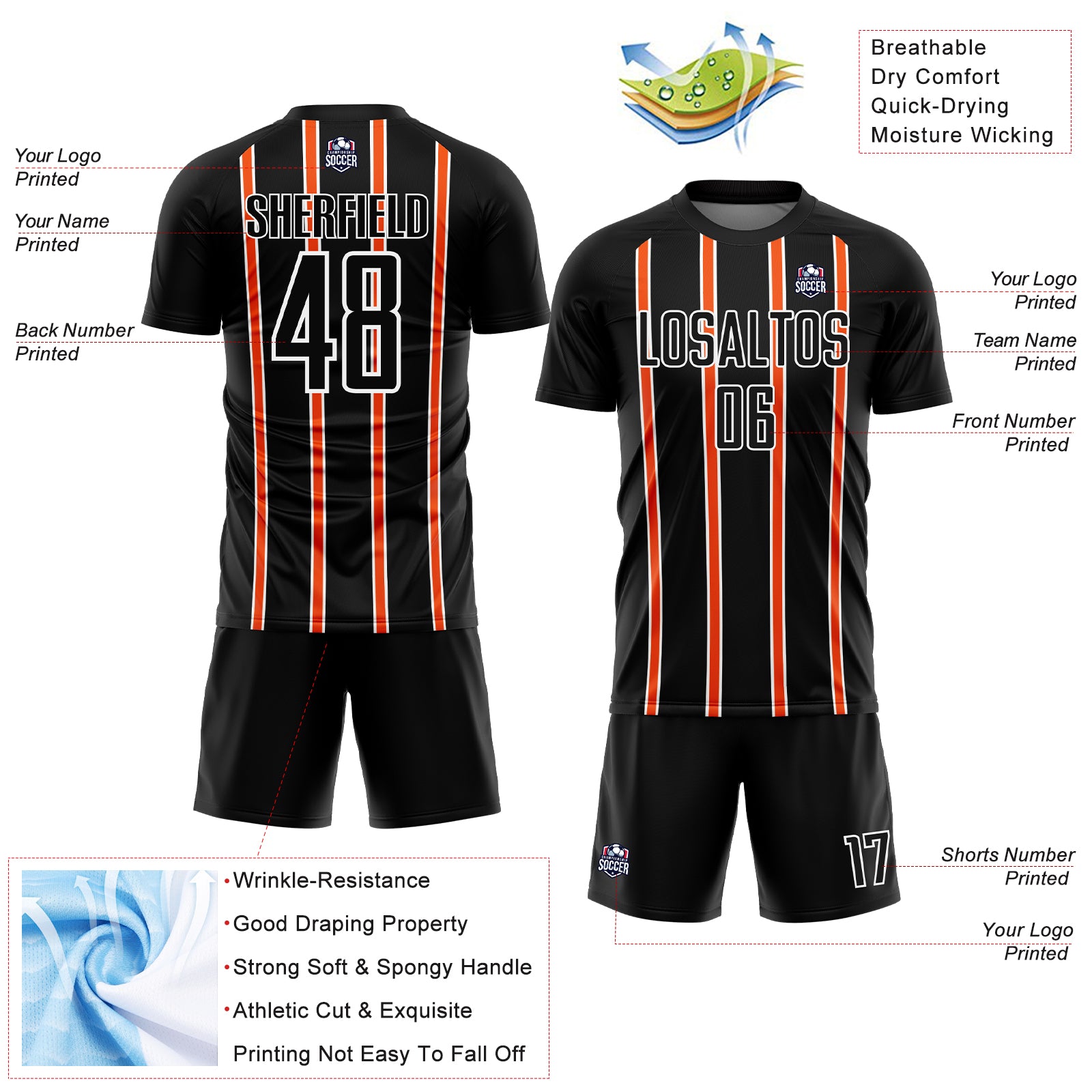 Custom Black Orange-White Stripe Line Sublimation Soccer Uniform Jersey