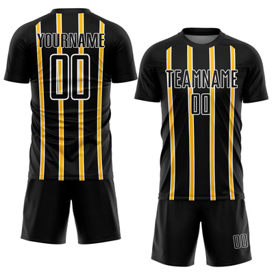 Custom Black Gold-White Stripe Line Sublimation Soccer Uniform Jersey