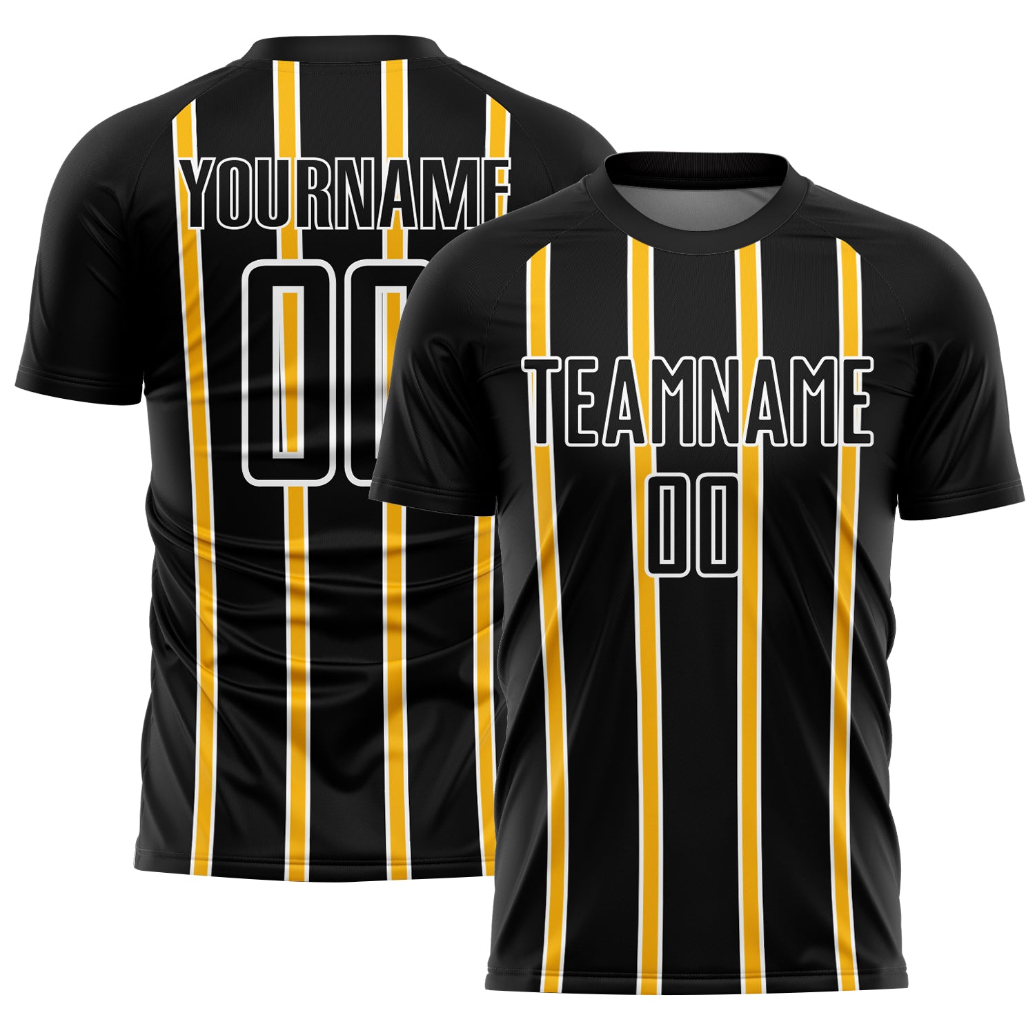 Custom Black Gold-White Stripe Line Sublimation Soccer Uniform Jersey