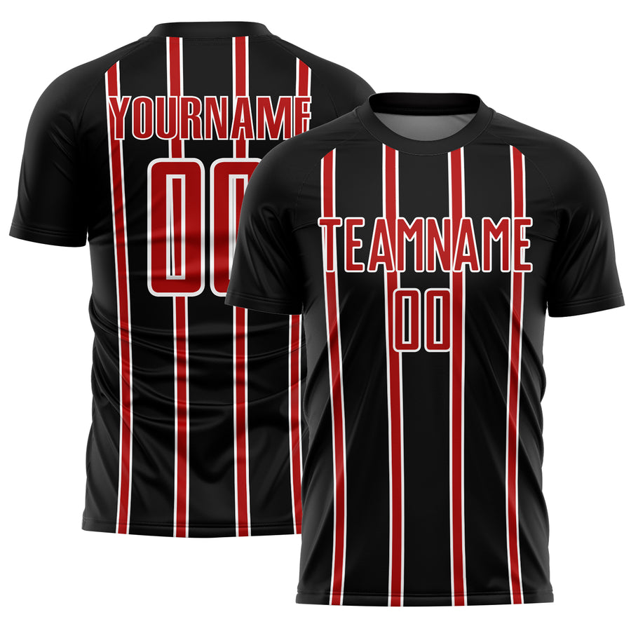 Custom Black Red-White Stripe Line Sublimation Soccer Uniform Jersey