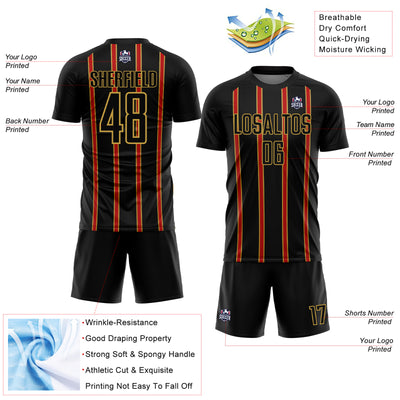 Custom Black Red-Old Gold Stripe Line Sublimation Soccer Uniform Jersey