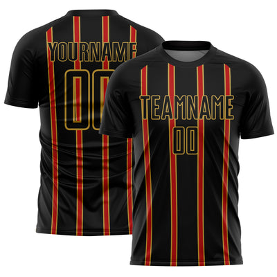 Custom Black Red-Old Gold Stripe Line Sublimation Soccer Uniform Jersey