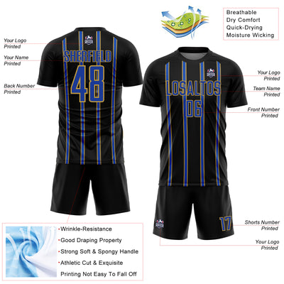 Custom Black Thunder Blue-Old Gold Stripe Line Sublimation Soccer Uniform Jersey