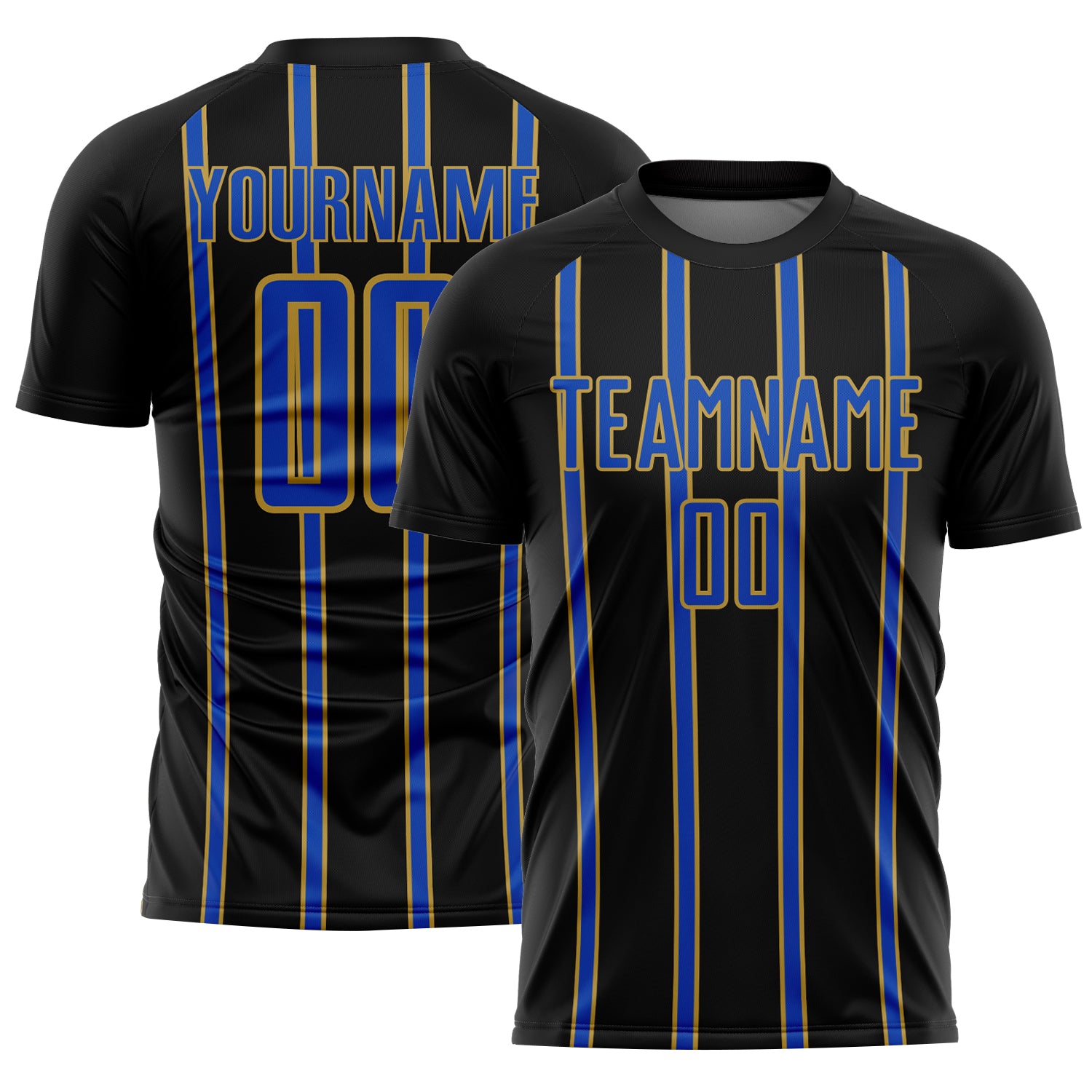 Custom Black Thunder Blue-Old Gold Stripe Line Sublimation Soccer Uniform Jersey