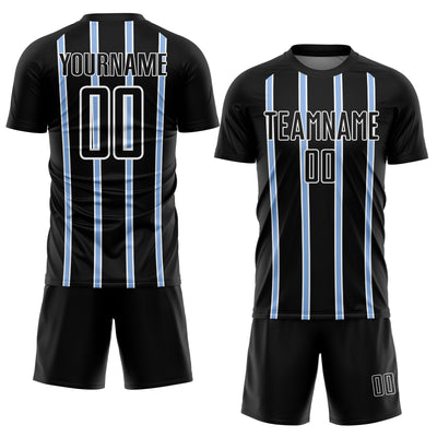 Custom Black Light Blue-White Stripe Line Sublimation Soccer Uniform Jersey