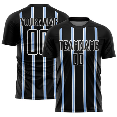 Custom Black Light Blue-White Stripe Line Sublimation Soccer Uniform Jersey