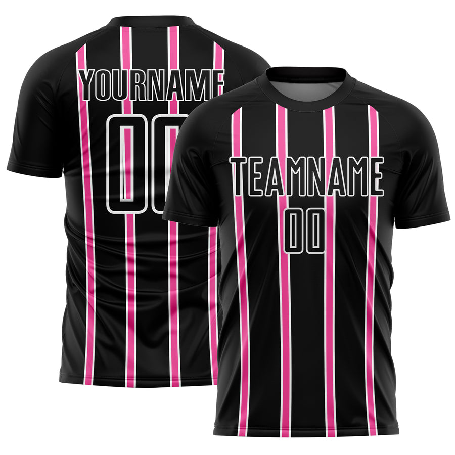 Custom Black Pink-White Stripe Line Sublimation Soccer Uniform Jersey