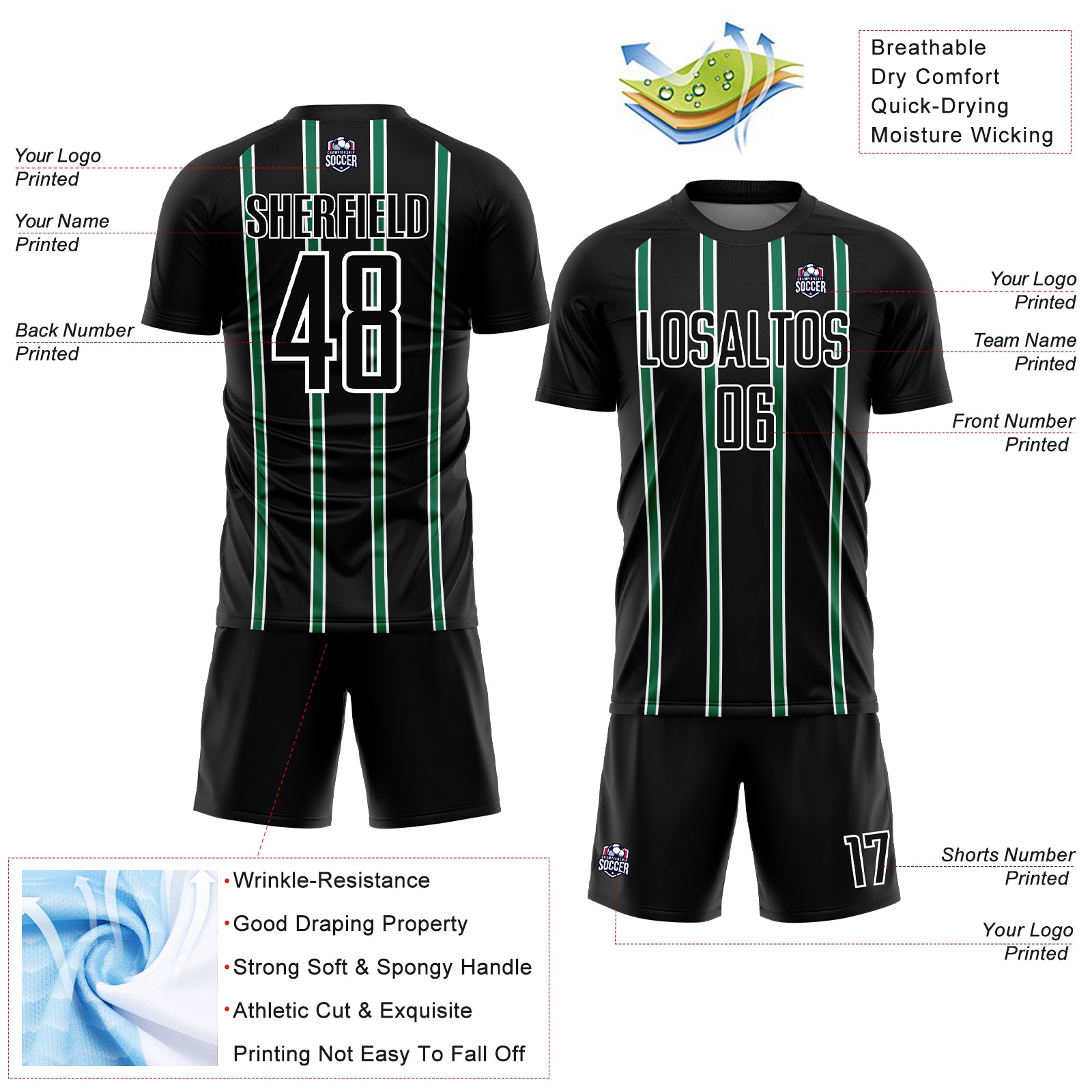 Custom Black Kelly Green-White Stripe Line Sublimation Soccer Uniform Jersey