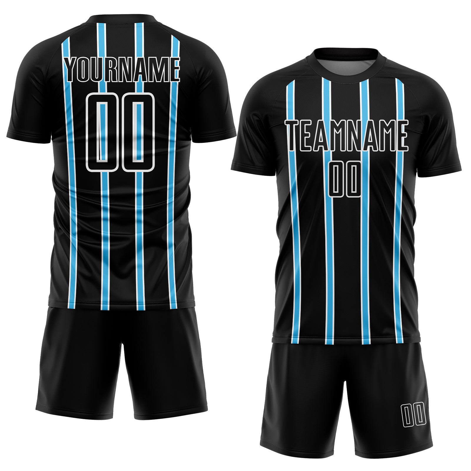 Custom Black Sky Blue-White Stripe Line Sublimation Soccer Uniform Jersey
