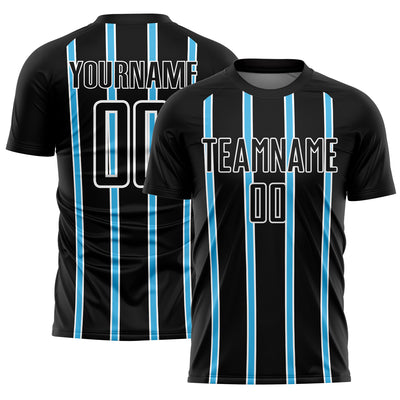 Custom Black Sky Blue-White Stripe Line Sublimation Soccer Uniform Jersey