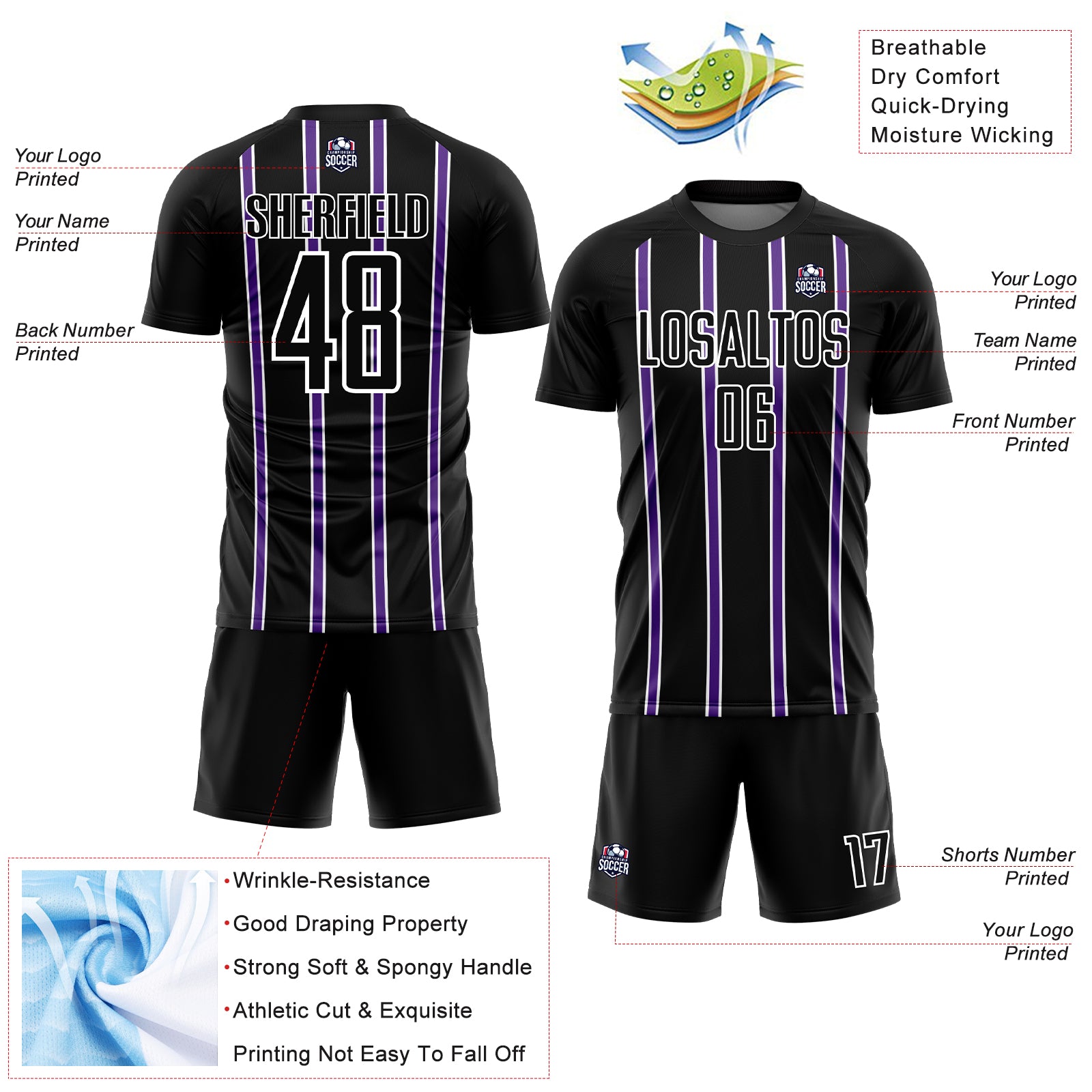 Custom Black Purple-White Stripe Line Sublimation Soccer Uniform Jersey