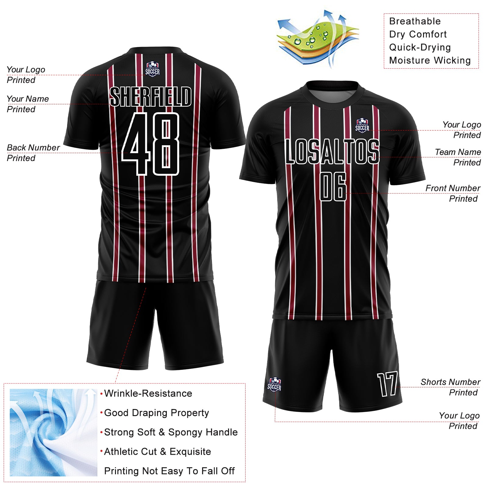 Custom Black Maroon-White Stripe Line Sublimation Soccer Uniform Jersey