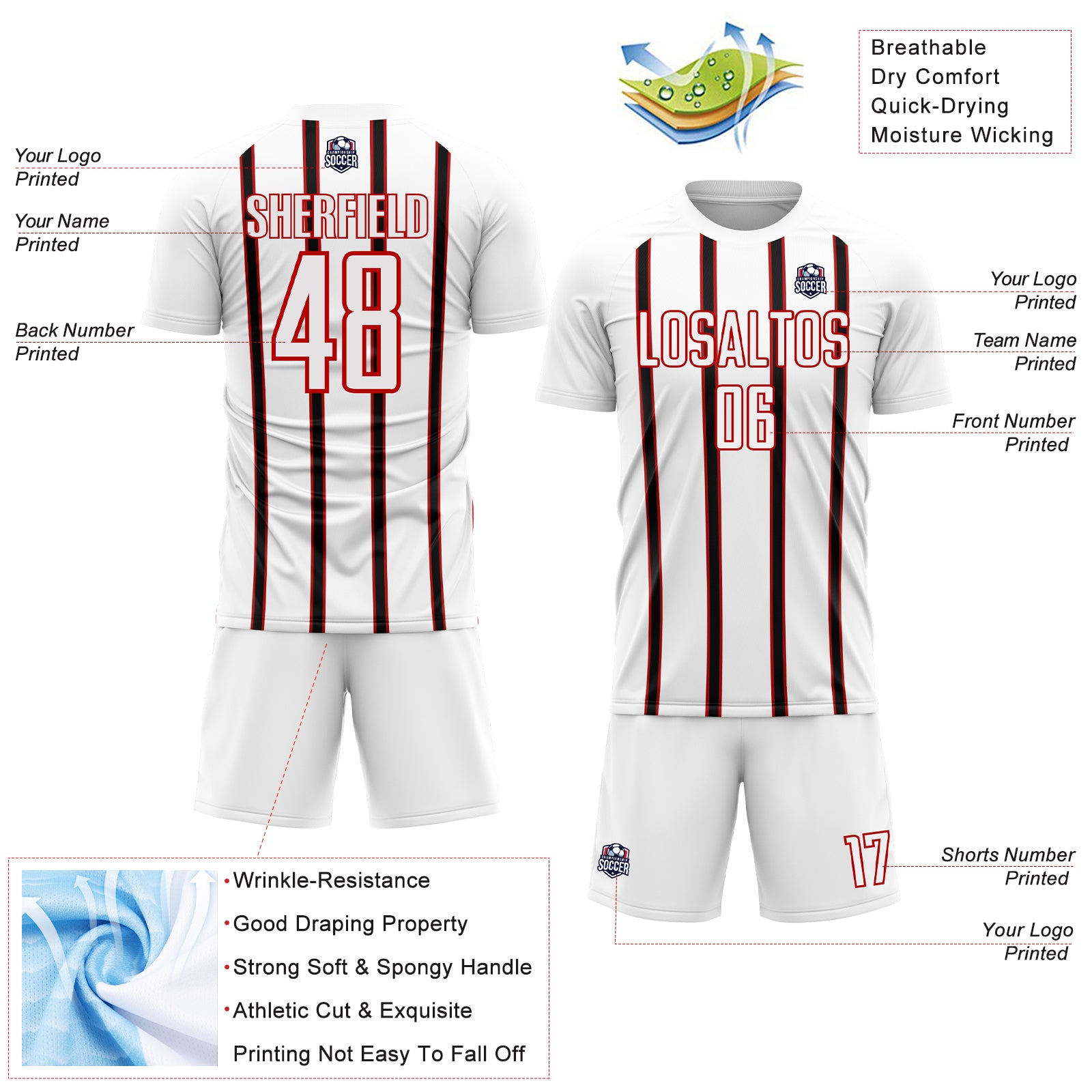Custom White Black-Red Stripe Line Sublimation Soccer Uniform Jersey