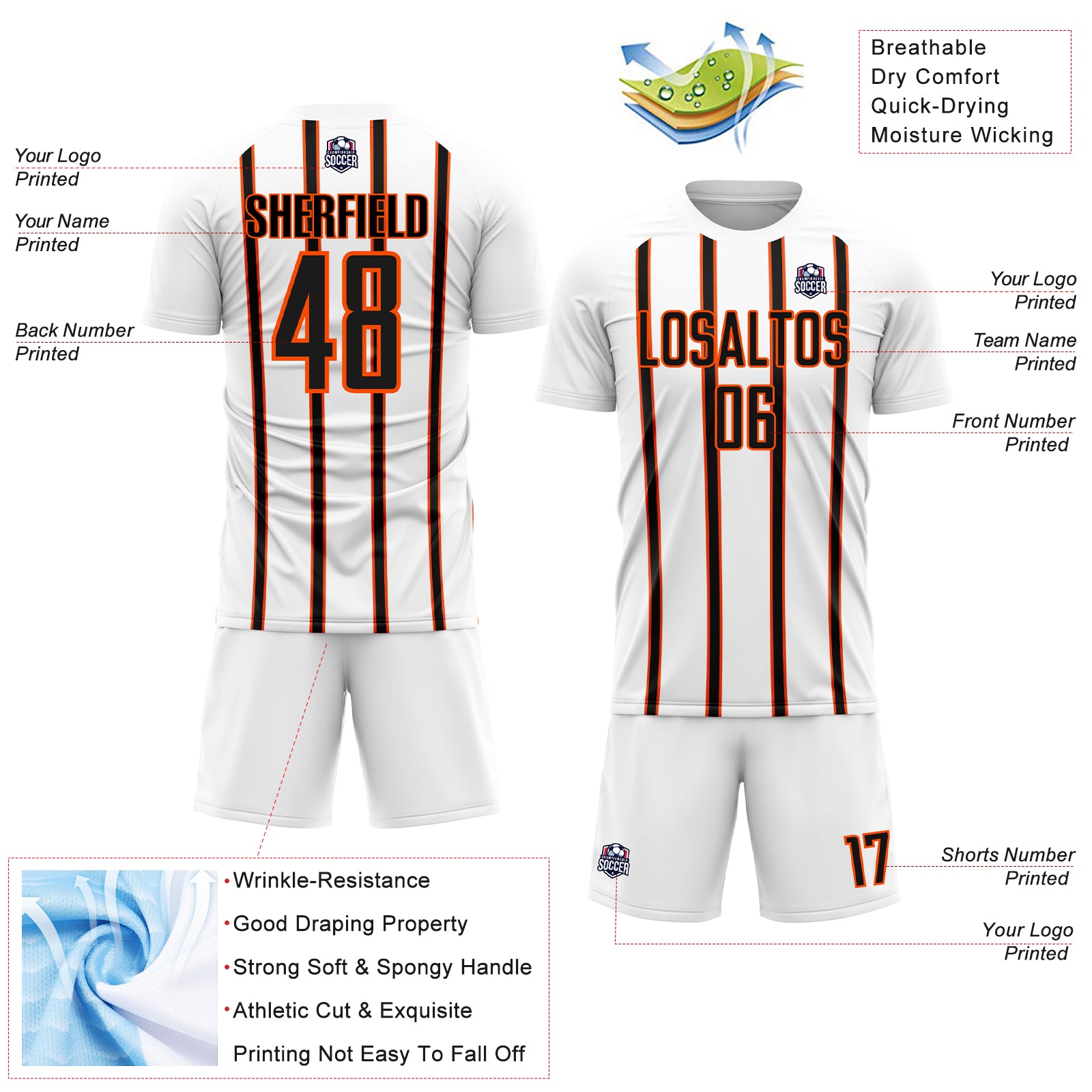 Custom White Black-Orange Stripe Line Sublimation Soccer Uniform Jersey