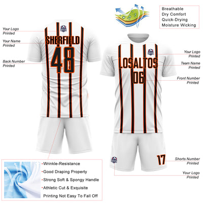 Custom White Black-Orange Stripe Line Sublimation Soccer Uniform Jersey