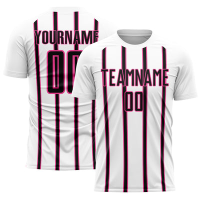 Custom White Black-Pink Stripe Line Sublimation Soccer Uniform Jersey