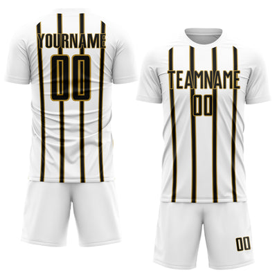 Custom White Black-Old Gold Stripe Line Sublimation Soccer Uniform Jersey