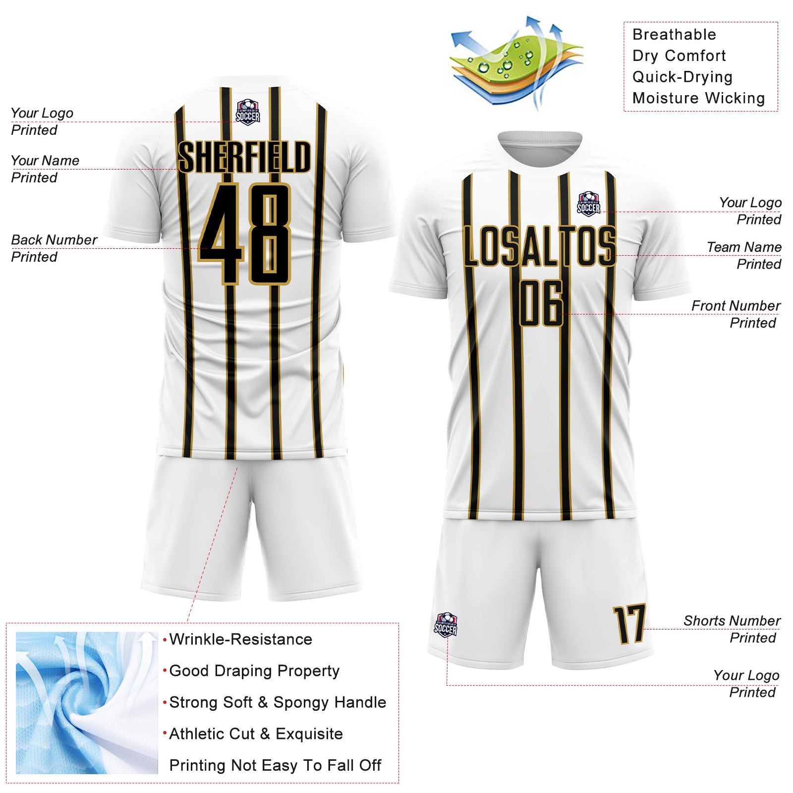 Custom White Black-Old Gold Stripe Line Sublimation Soccer Uniform Jersey