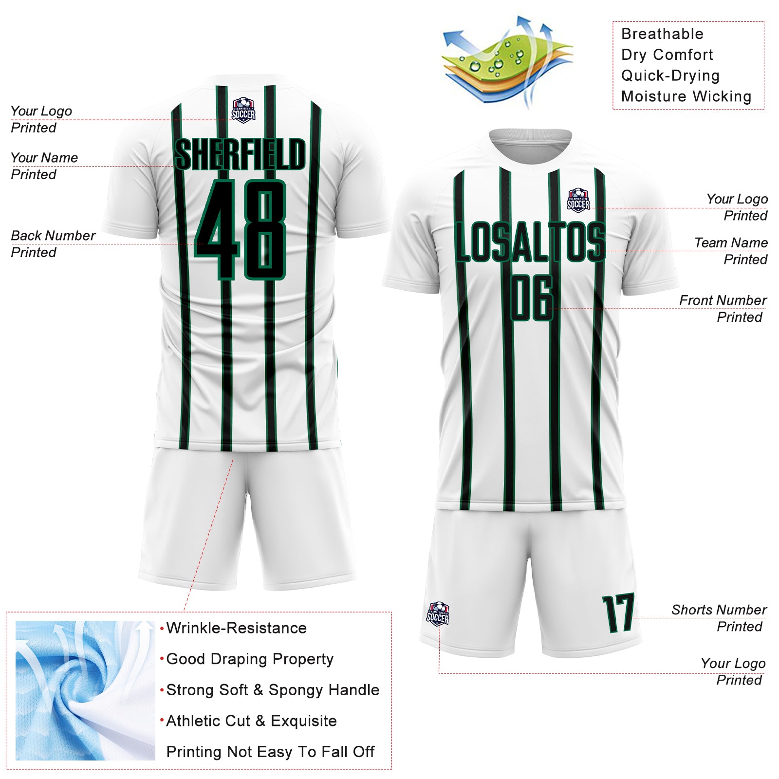 Custom White Black-Kelly Green Stripe Line Sublimation Soccer Uniform Jersey