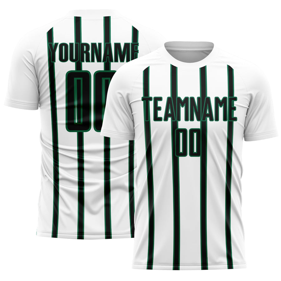 Custom White Black-Kelly Green Stripe Line Sublimation Soccer Uniform Jersey