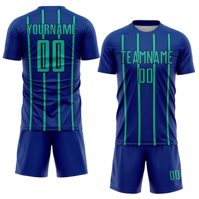 Custom Royal Aqua-Black Stripe Line Sublimation Soccer Uniform Jersey