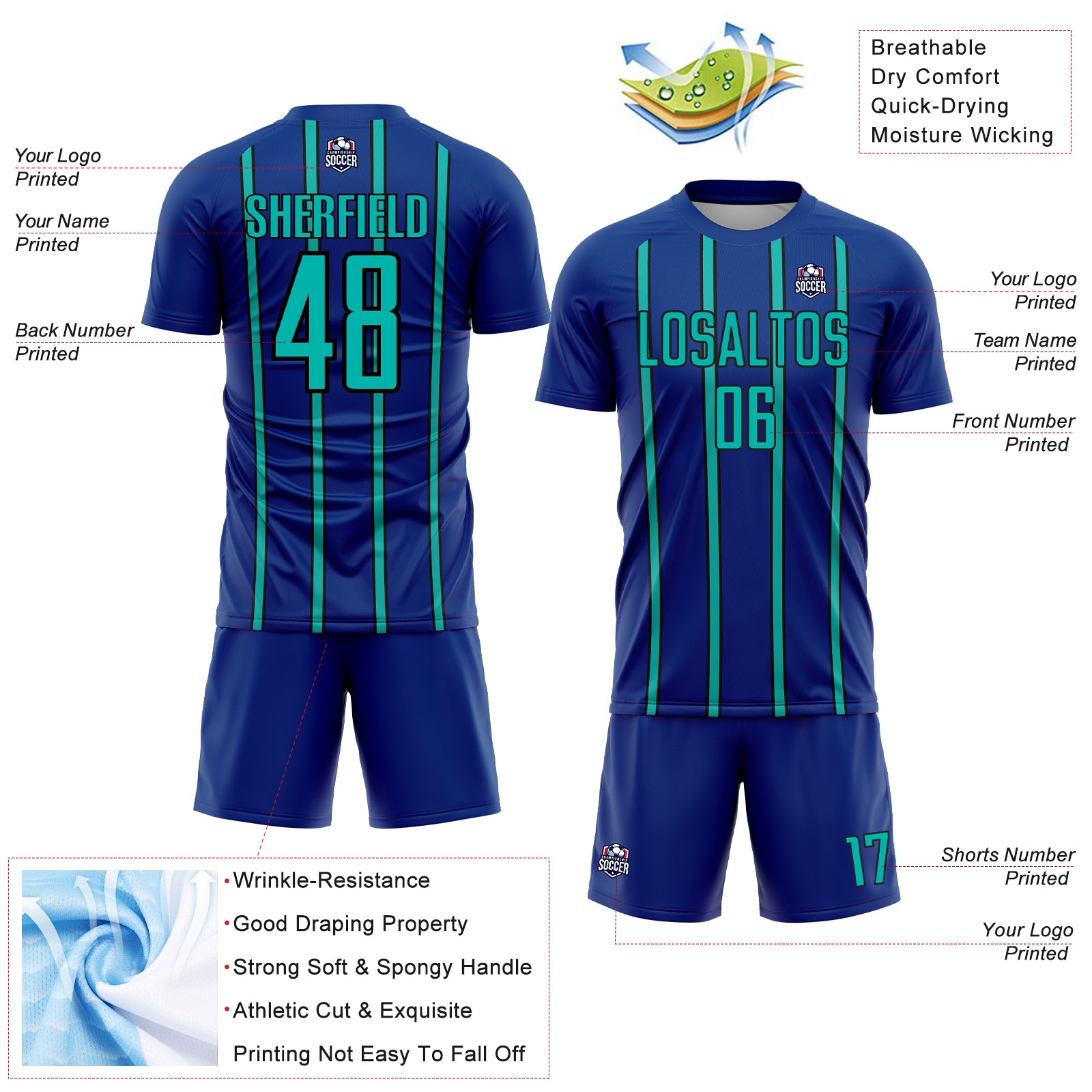 Custom Royal Aqua-Black Stripe Line Sublimation Soccer Uniform Jersey