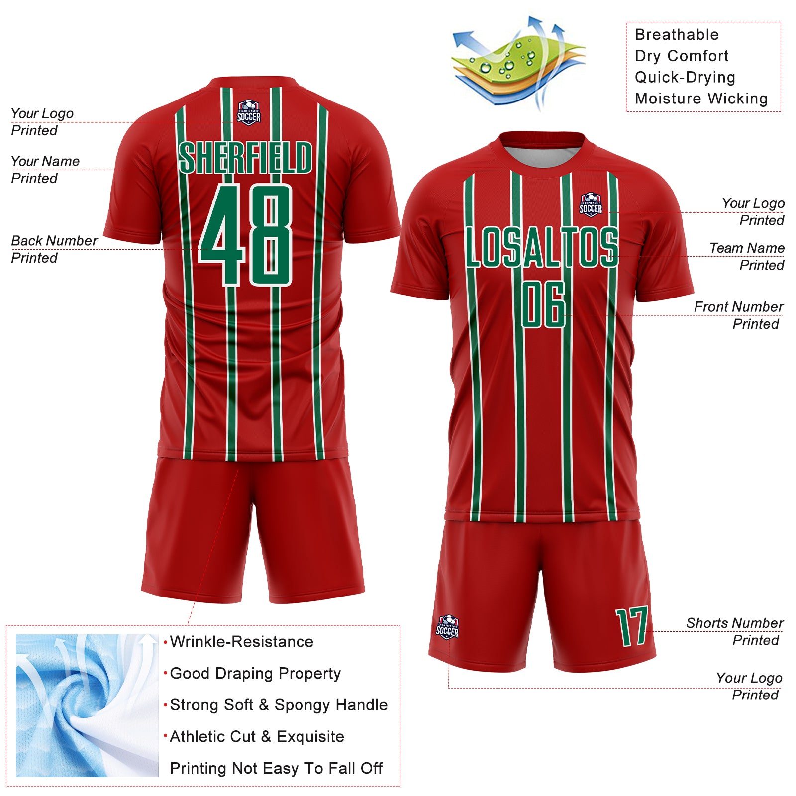 Custom Red Kelly Green-White Stripe Line Sublimation Soccer Uniform Jersey