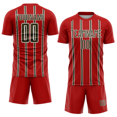 Custom Red Olive-White Stripe Line Sublimation Soccer Uniform Jersey