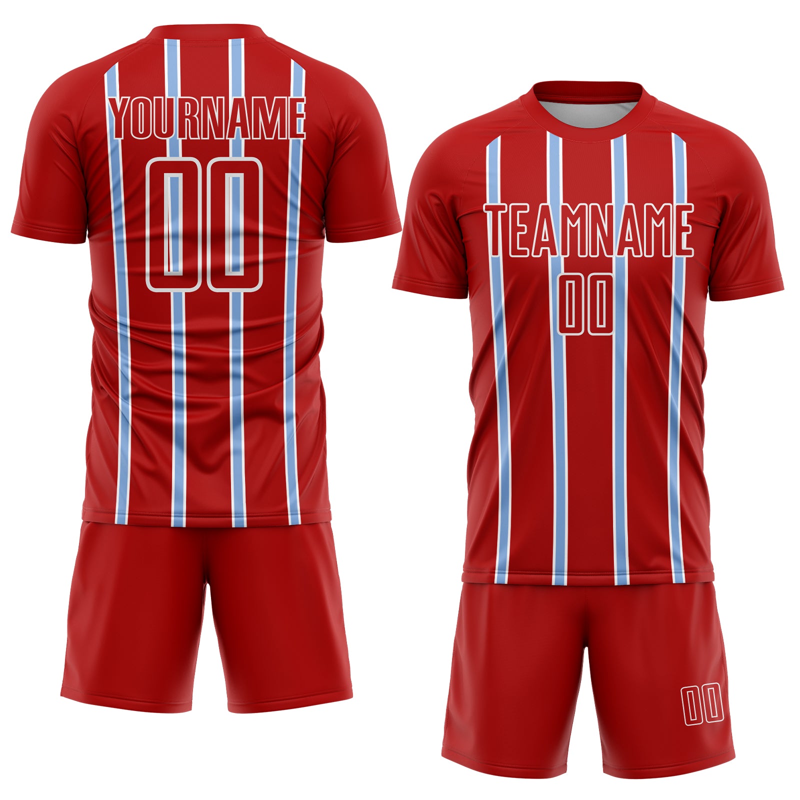Custom Red Light Blue-White Stripe Line Sublimation Soccer Uniform Jersey