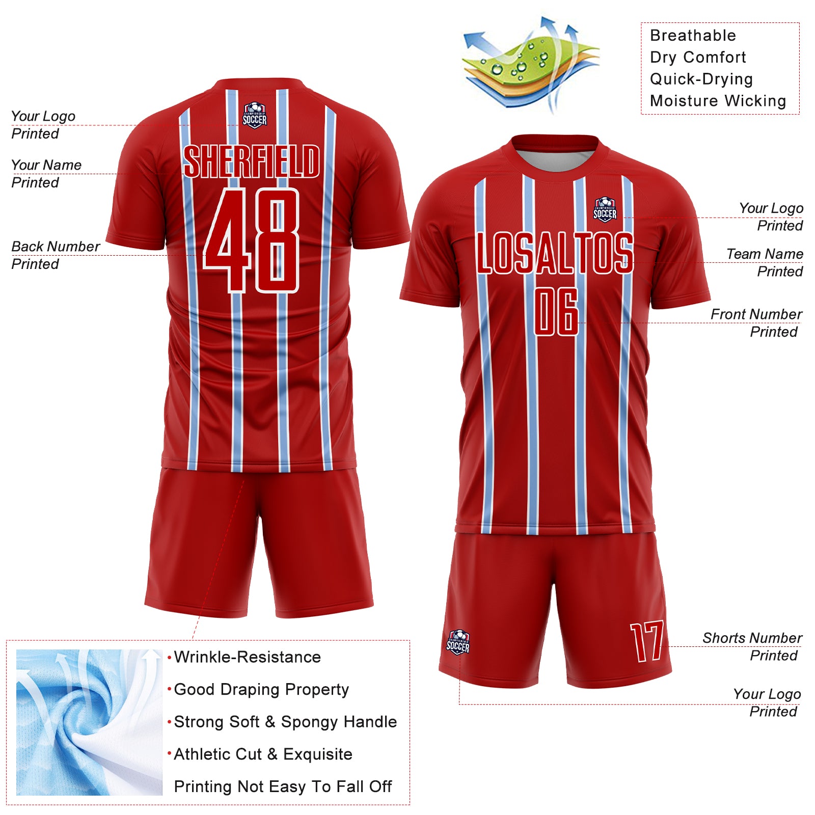 Custom Red Light Blue-White Stripe Line Sublimation Soccer Uniform Jersey