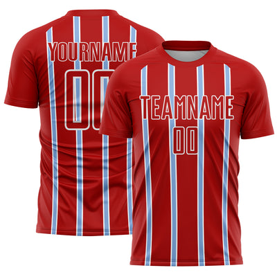 Custom Red Light Blue-White Stripe Line Sublimation Soccer Uniform Jersey