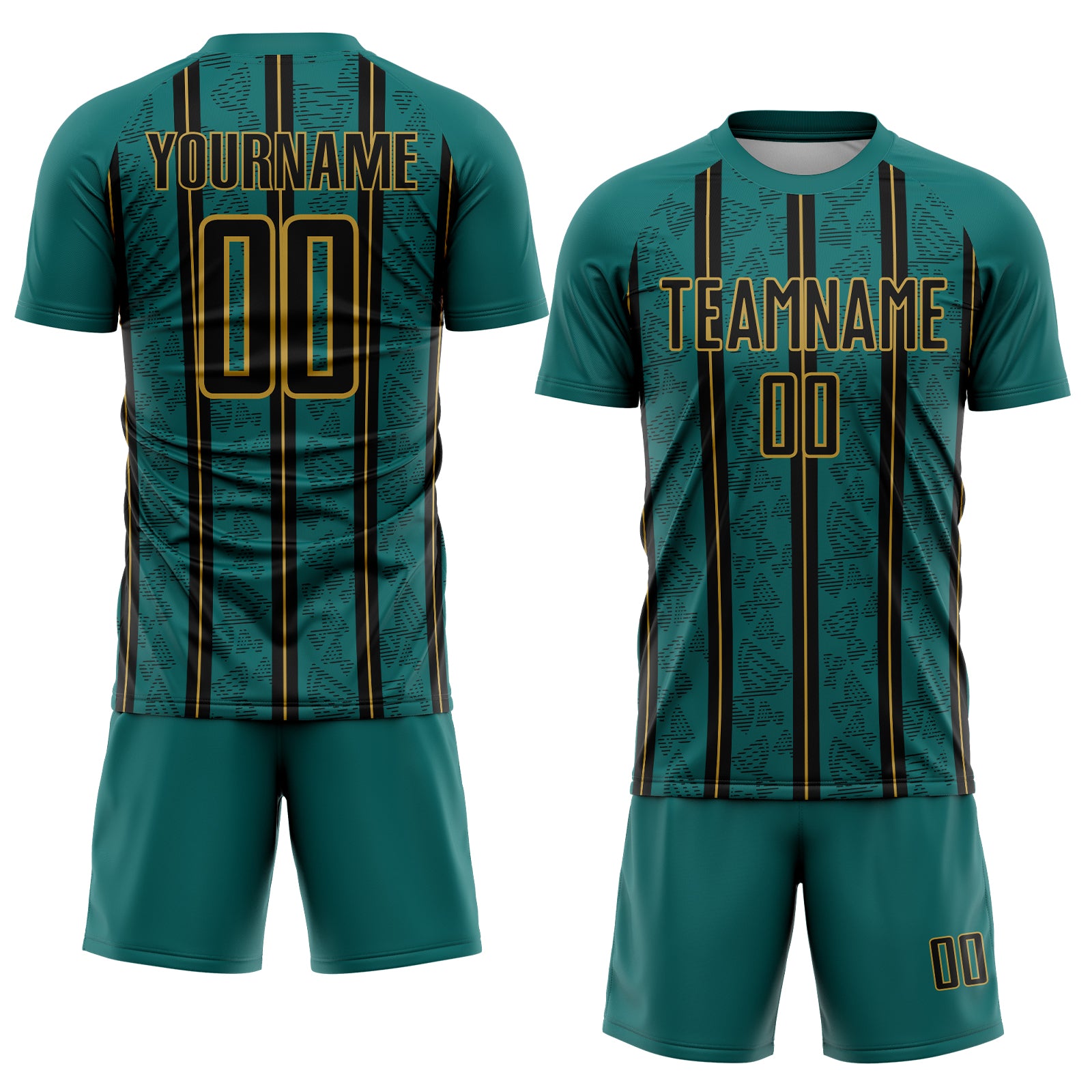 Custom Teal Black-Old Gold Stripe Line Sublimation Soccer Uniform Jersey