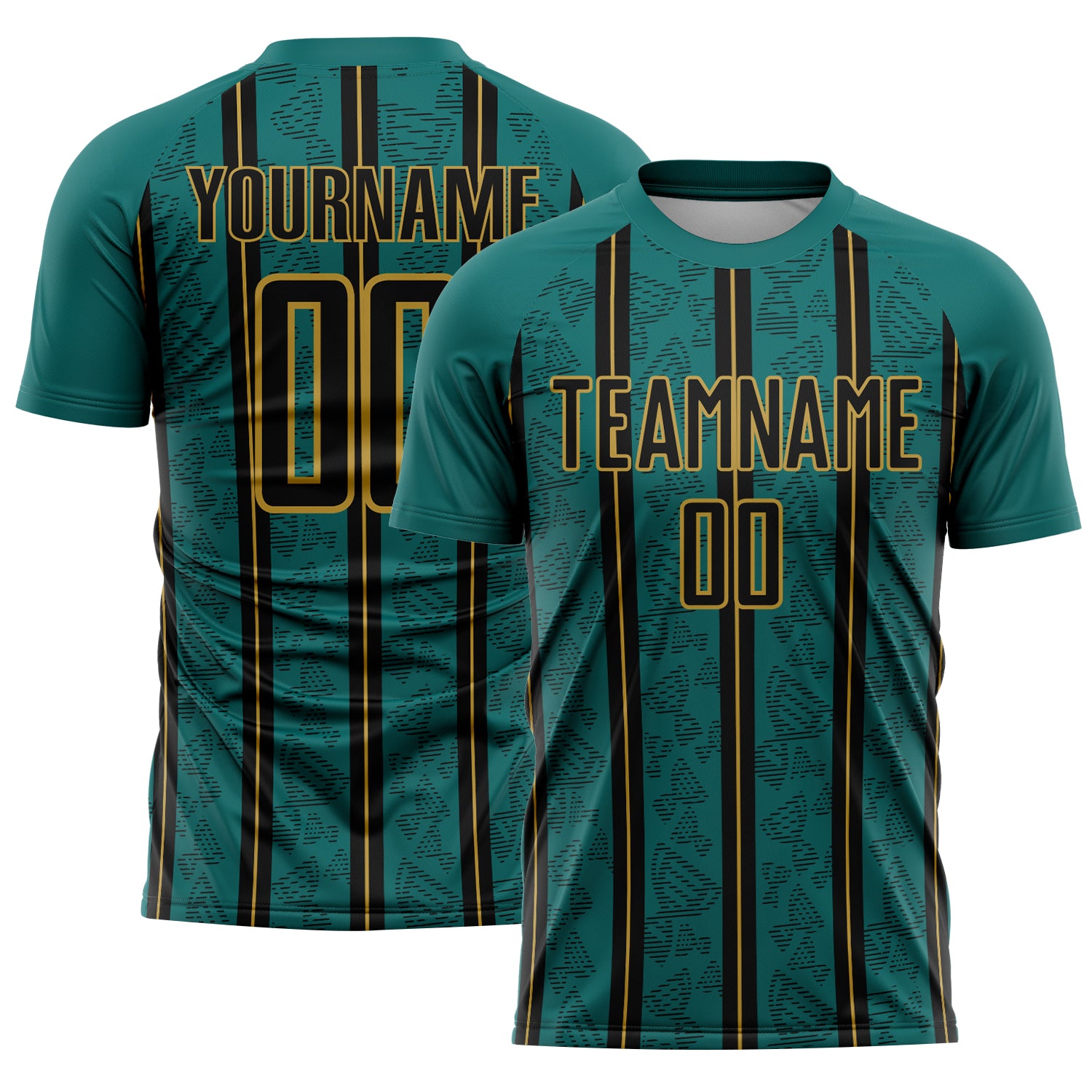 Custom Teal Black-Old Gold Stripe Line Sublimation Soccer Uniform Jersey