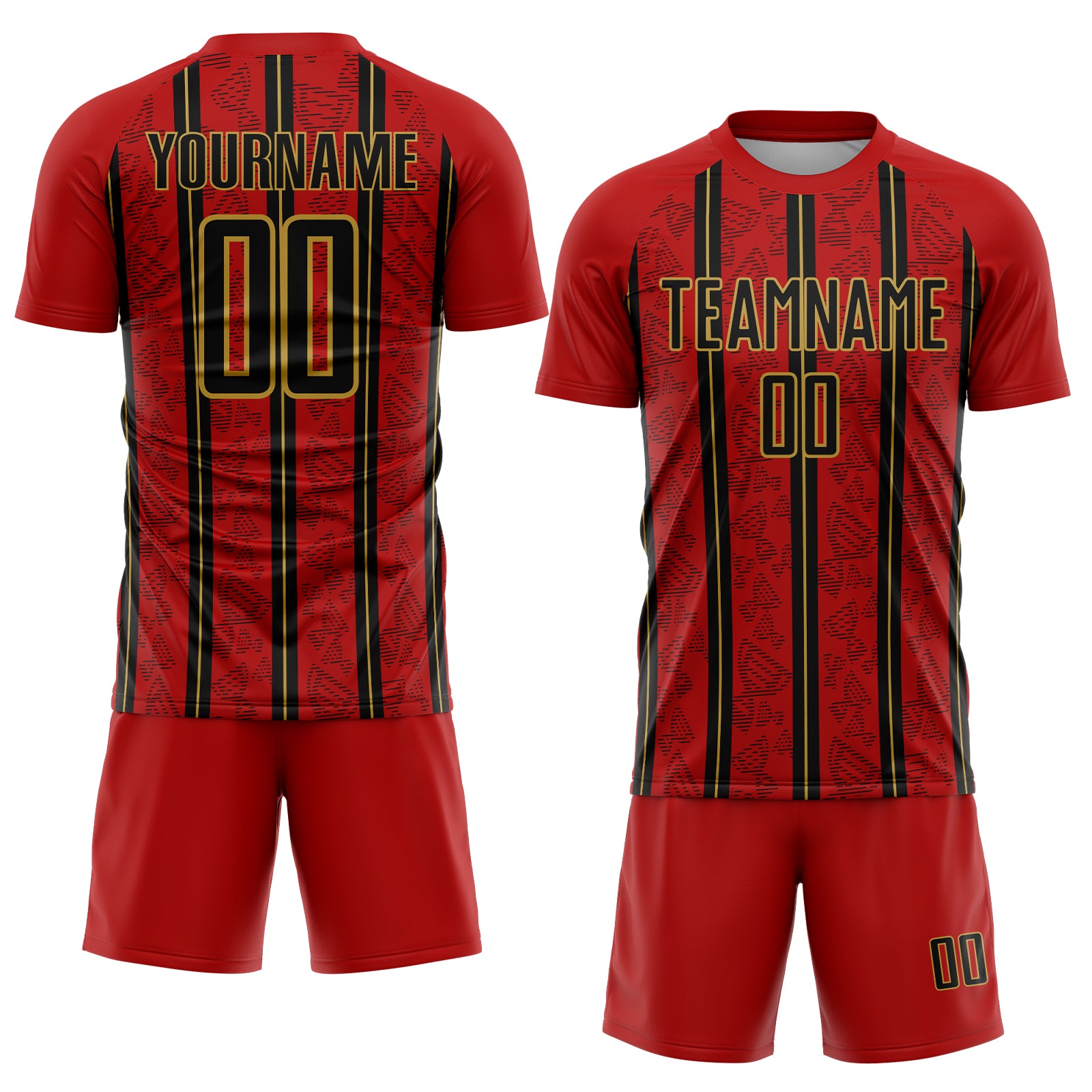 Custom Red Black-Old Gold Stripe Line Sublimation Soccer Uniform Jersey