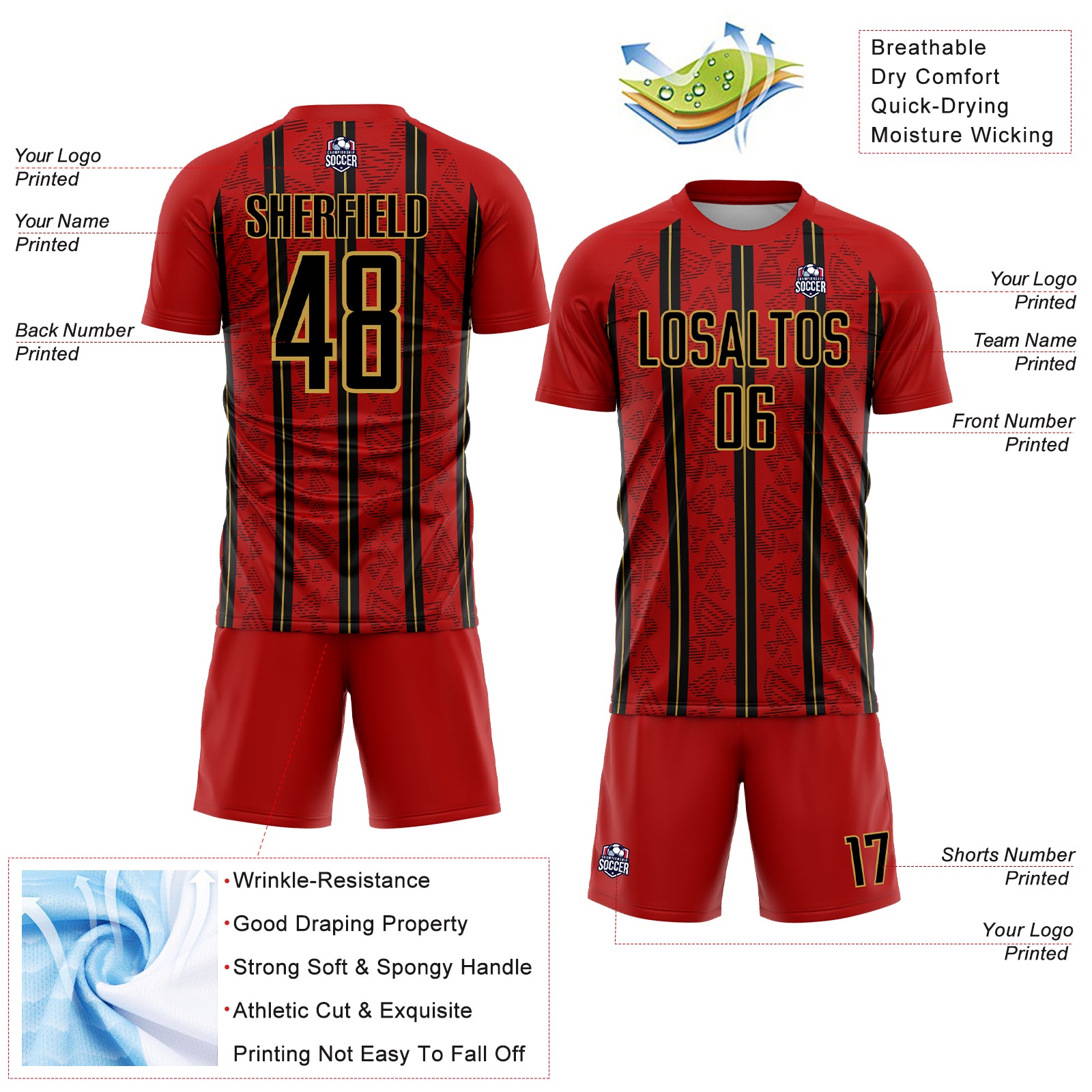 Custom Red Black-Old Gold Stripe Line Sublimation Soccer Uniform Jersey