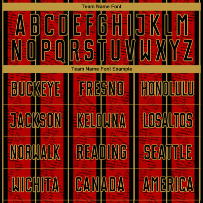 Custom Red Black-Old Gold Stripe Line Sublimation Soccer Uniform Jersey